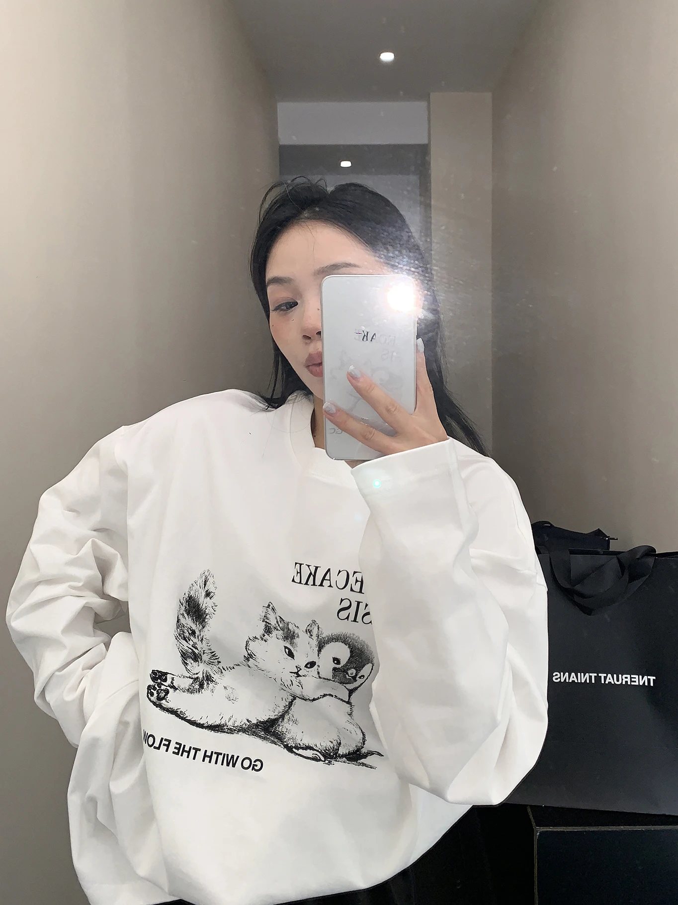 

Loose Fit Pure Cotton Long Sve T-irt Women's Cartoon Print Casual Top Korean Sle Lazy Relaxing Autumn Faion Ladies' Tee