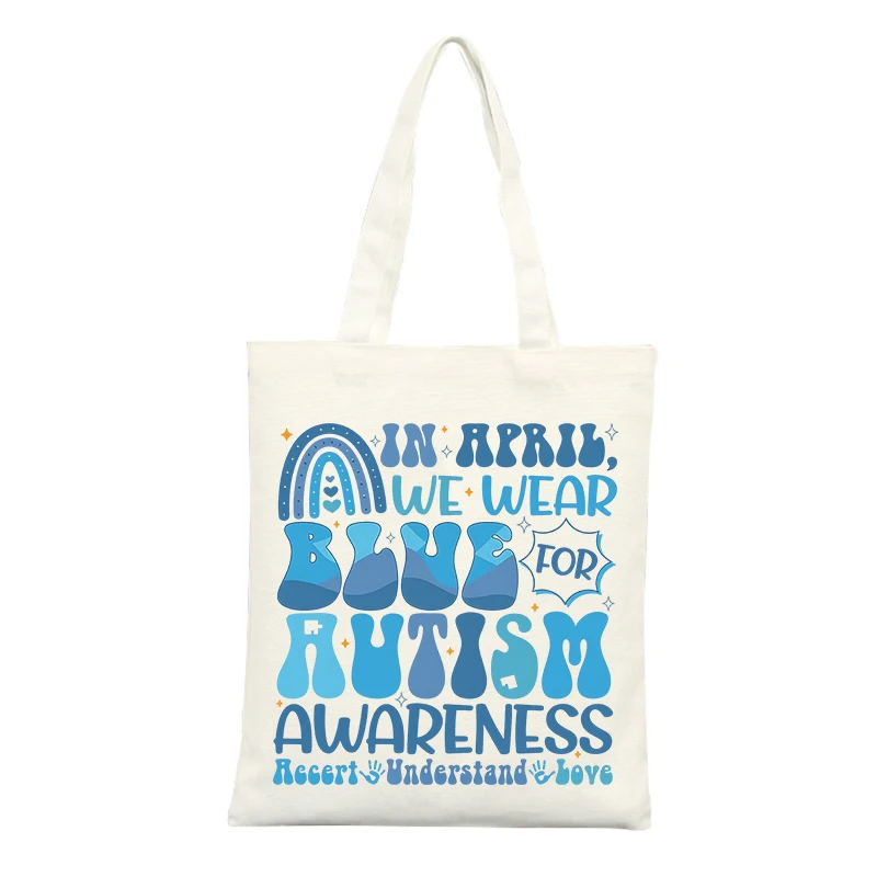 Canvas Tote Bag with Blue Autism Awareness Letter Print and Rainbow Graphic, Ideal for Casual Daily Use and Awareness Events