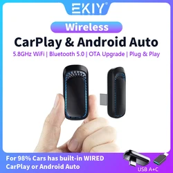 EKIY-adaptador inalámbrico para Carplay caja inteligente Plug And Play Bluetooth conexión rápida WiFi Universal para coches Apple Carplay con cable