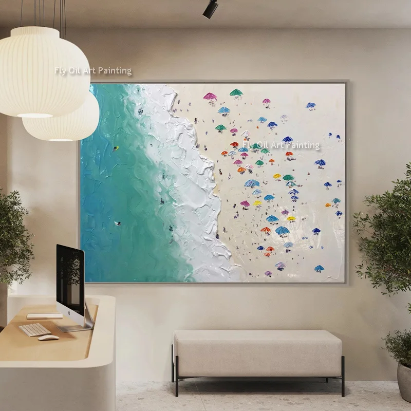 اليدوية الحديثة الأخضر الأبيض المناظر البحرية الفني الصيف نشاف البحر قماش الفن الناس يلعبون على الشاطئ لوحة زيتية سميكة للديكور