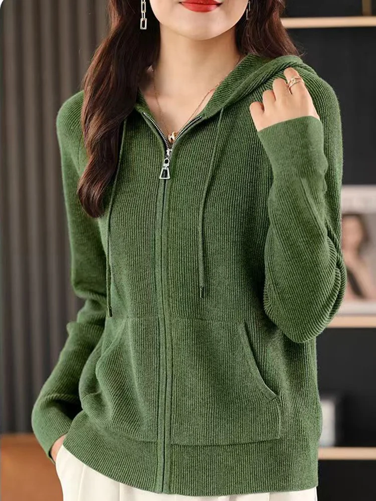 Womens Loose Knitted Long sleeve Wool Sweater Spring Cardigan Jacket Korean Tops Female Leisure Zipper Hooded Cashmere Sweater