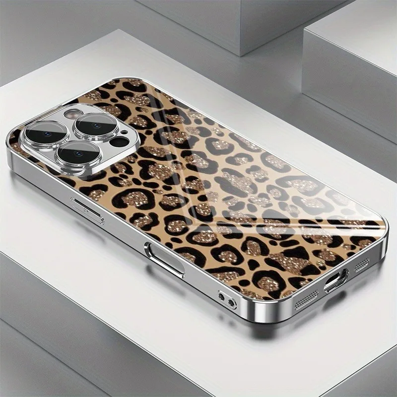 

Cool Glitter Leopard Print Electroplated Silver Phone Case For Samsung Galaxy S25 S24 S23 Ultra Plus FE Tempered Glass Cover