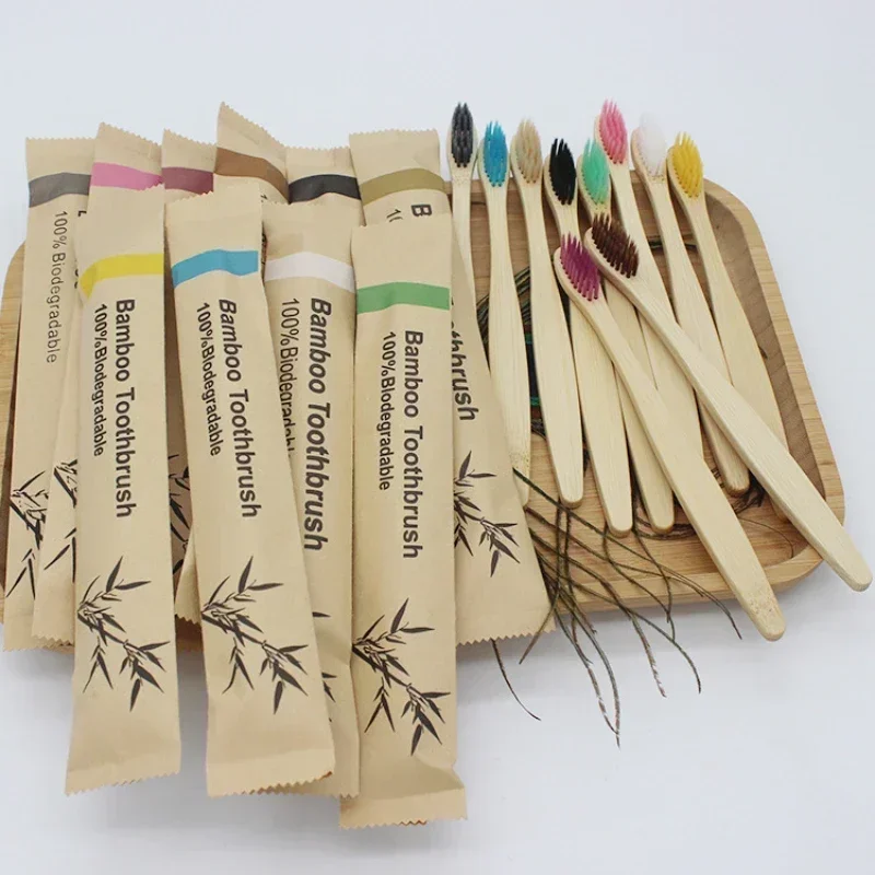 Bamboo Toothbrush Set Single Cowhide Wrapped  Natural and Environmentally Friendly Bamboo Toothbrush Tablet 10 PCS Wholesale