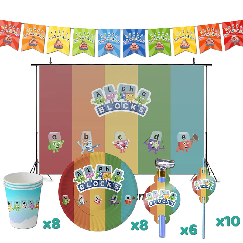 

Alphablocks Birthday Party Decorations TV Show Baby First Theme Supplys Banner Cups Plates for Kids