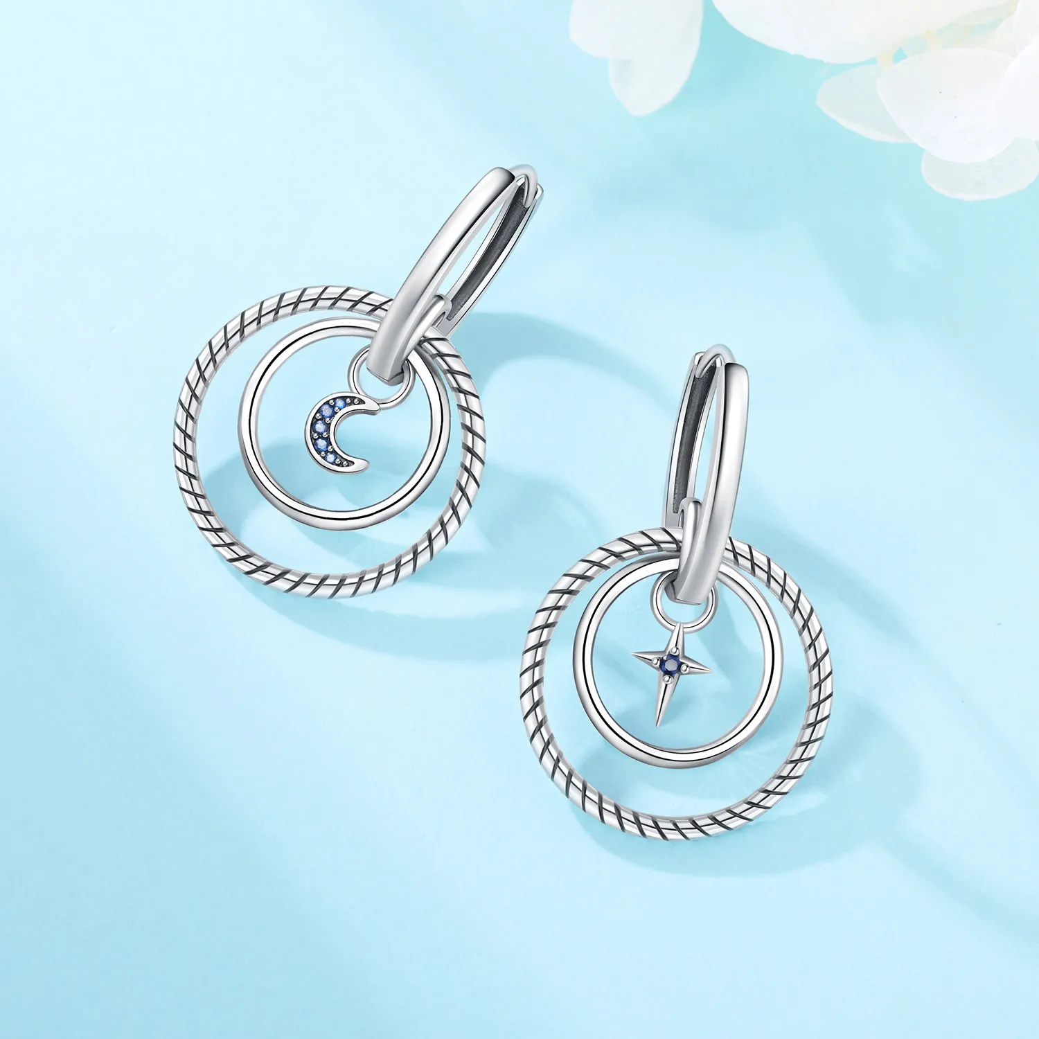 Elegante Doppelkreis-Stern-und-Mond-Ohrringe aus Echtem 925 Sterling Silber, Edle Schmuckstücke für Frauen und Mädchen, Geburtstags- und Feiertagsgeschenke – Detail 8