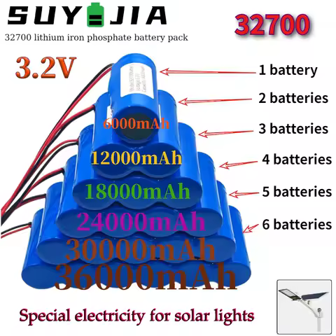 32700 1-6 Cell Battery Pack 3.2V LiFePO4 Battery Lithium Iron Phosphate Battery 6000mAh-36000mAh for Outdoor Solar Street Lights