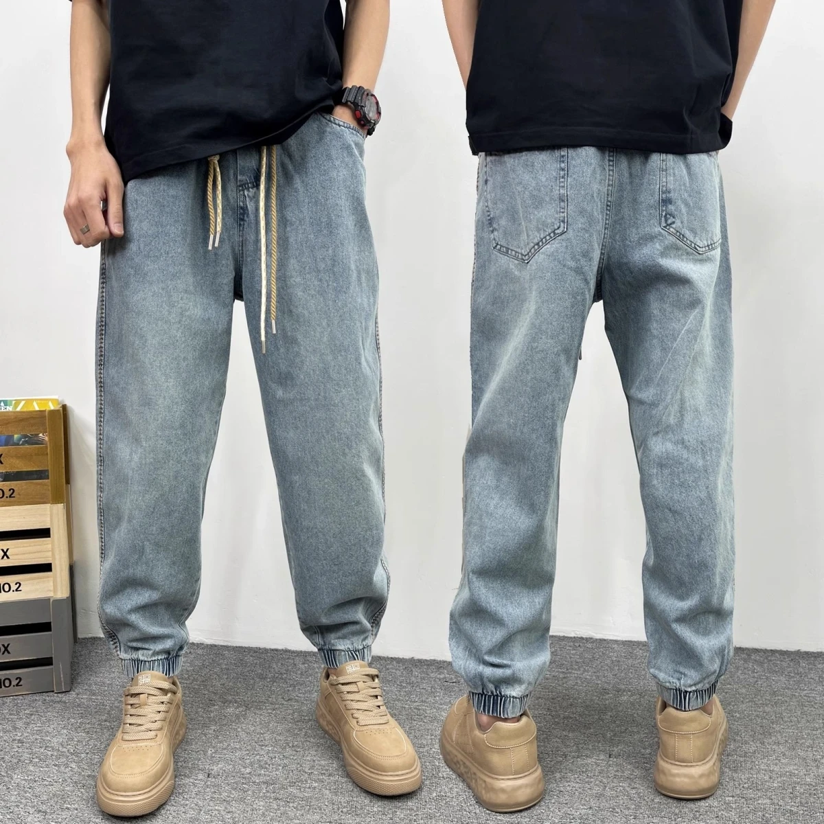 

Light Blue Men's Harem Pants Loose Workwear Sle Loose Fit Jeans mid Waist No Iron Treaent Youth Faion All Seasons
