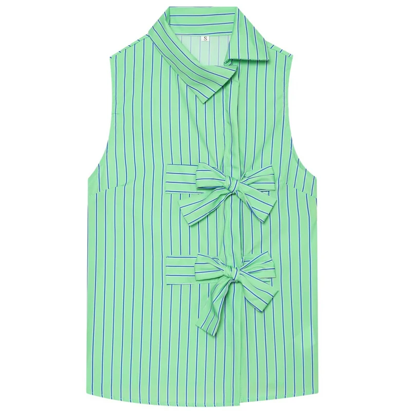 HXAO Striped Bow Blouse Women's Shirt Summer 2026 Green Asymmetric Crop Fitted Sleeveless Vests For Women Chic Vacation Shirts
