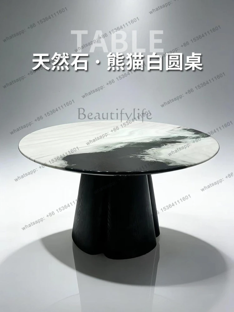 YJ Panda white luxury stone round dining table high-end solid wood marble round dining table with turntable