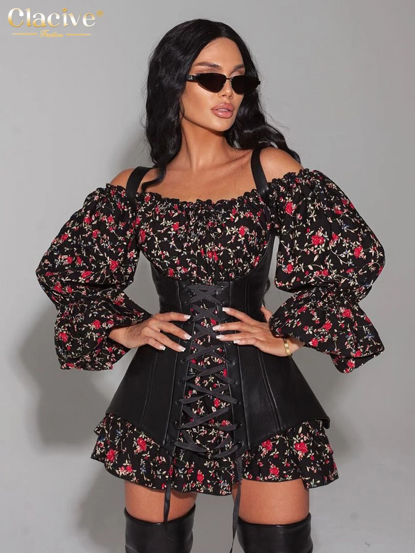 

Clacive Fashion Slim Print Womens Dresses 2023 Bodycon Slash Neck Long Sleeve Mini Dress Elegant Bandage Corset Female Dress