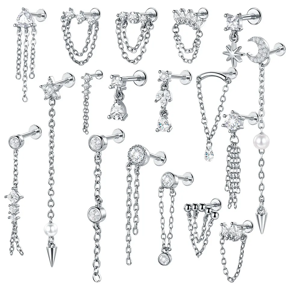 1PC Steel & Copper Long Chain Drop Stud Earring Piercing Flatback CZ Flower Star Cartilage Tragus Lip Medusa Nose Studs Jewelry