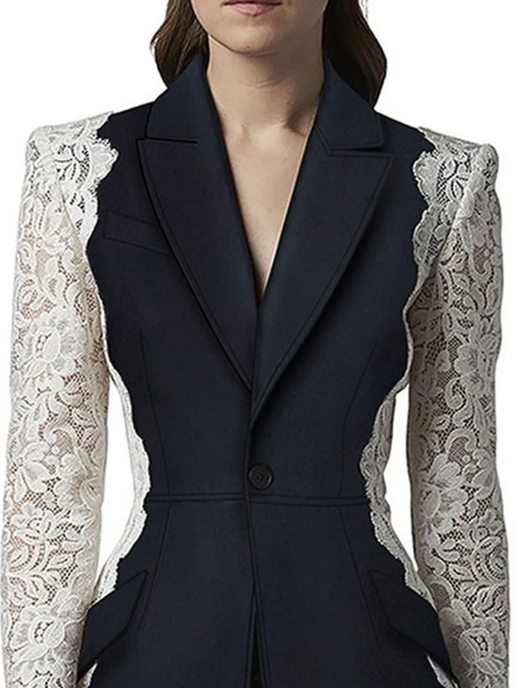 DEAT Fashion Women\'s Blazer New Fashion Notched Lace Patchwork Long Sleeve Contrast Suit Jackets Female Autumn 2024 17A1298