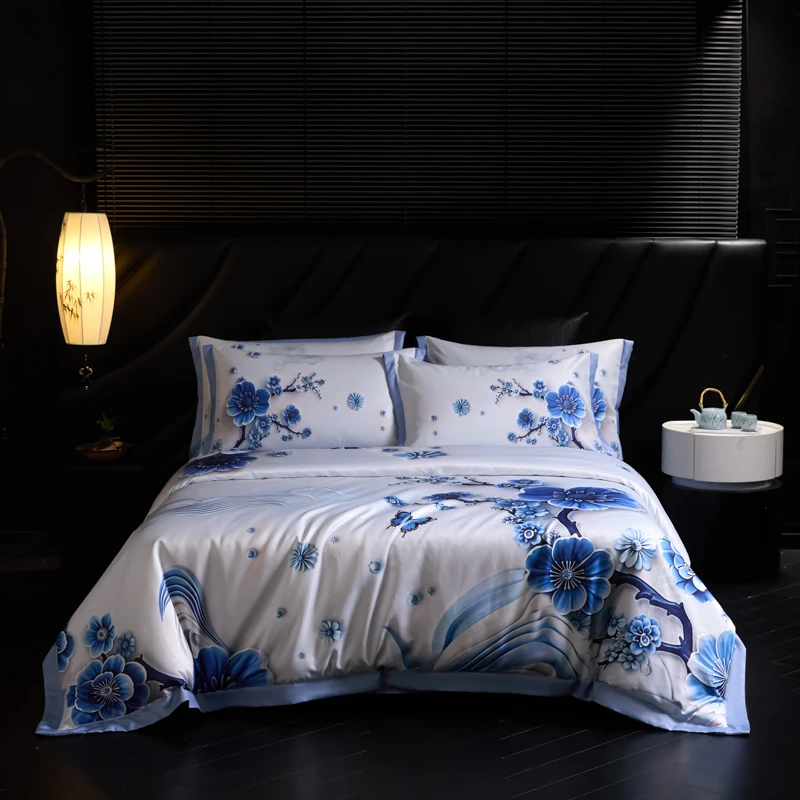 4Pcs Soft Lightweight Chinese Style Blue and White Porcelain 5D Digital Printing Bedding Set Flat Sheet/Fitted Sheet Pillowcases