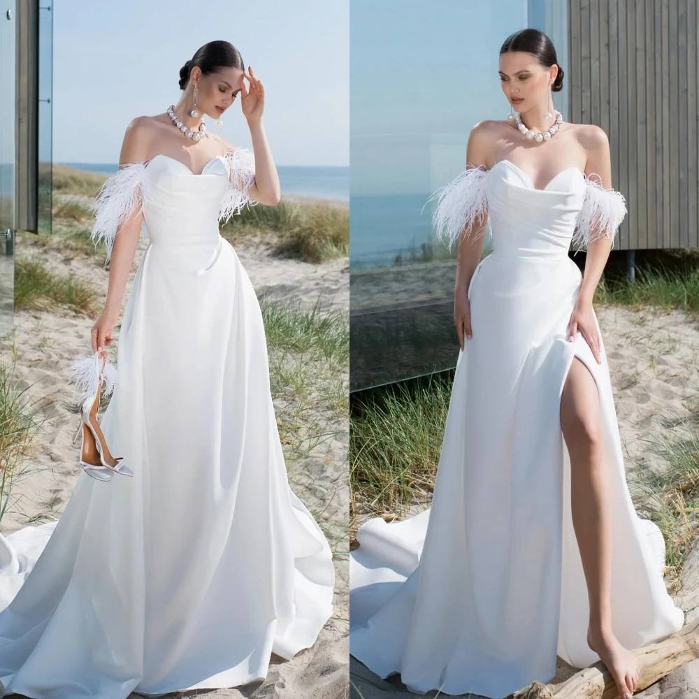 Customized Exquisite Customized Off-the-shoulder Ball gown Feathers Draped Floor length Charmeuse Evening Dresses