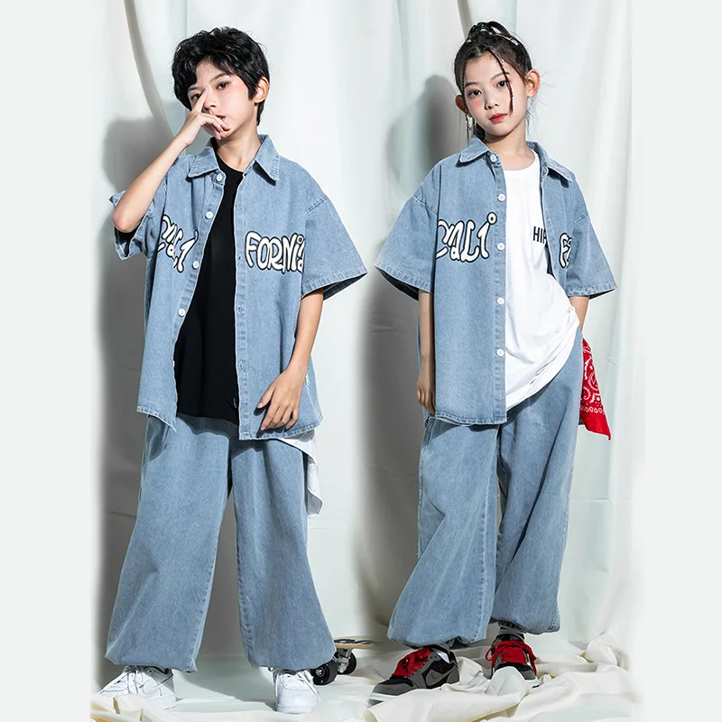 

Kid Hip Hop Clothing Short Sleeve Denim Blue Shirt Casual Streetwear Jeans Baggy Pants for Girls Boys Jazz Dance Costume Clothes