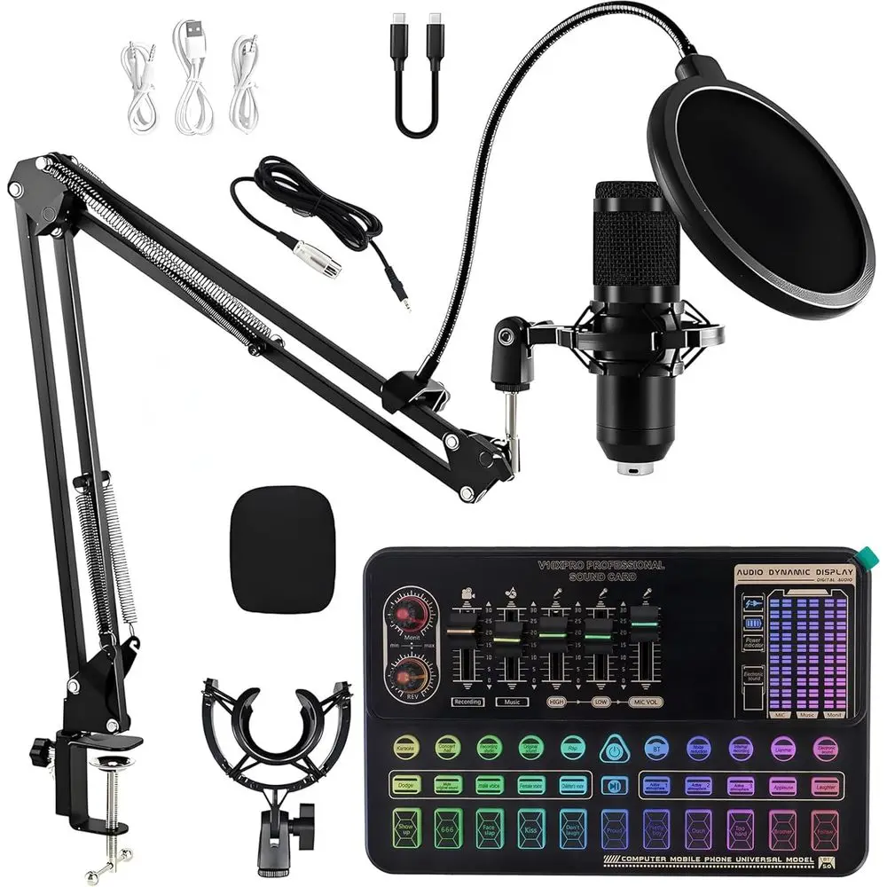 Premium Podcast Microphone Bundle with Adjustable Stand, Audio Mixer, Voice Modulator, and Interface for Broadcasting, Performan