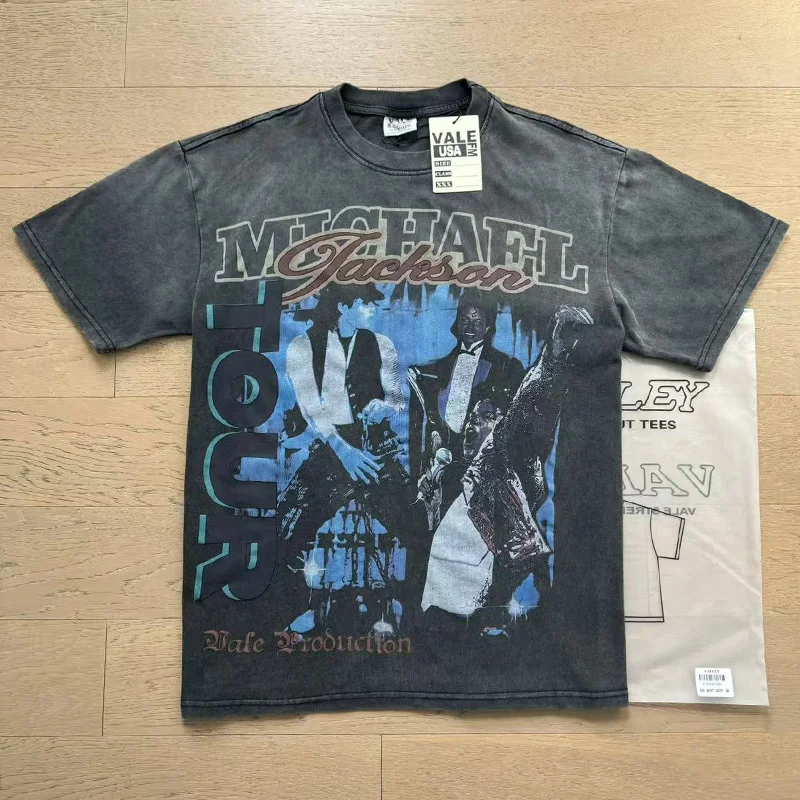 Vale Valley American Trendy Brand Stars Printed INS Washed out Hip Hop Pure Cotton Short Sleeve T-Shirt Youth Popular Street ...