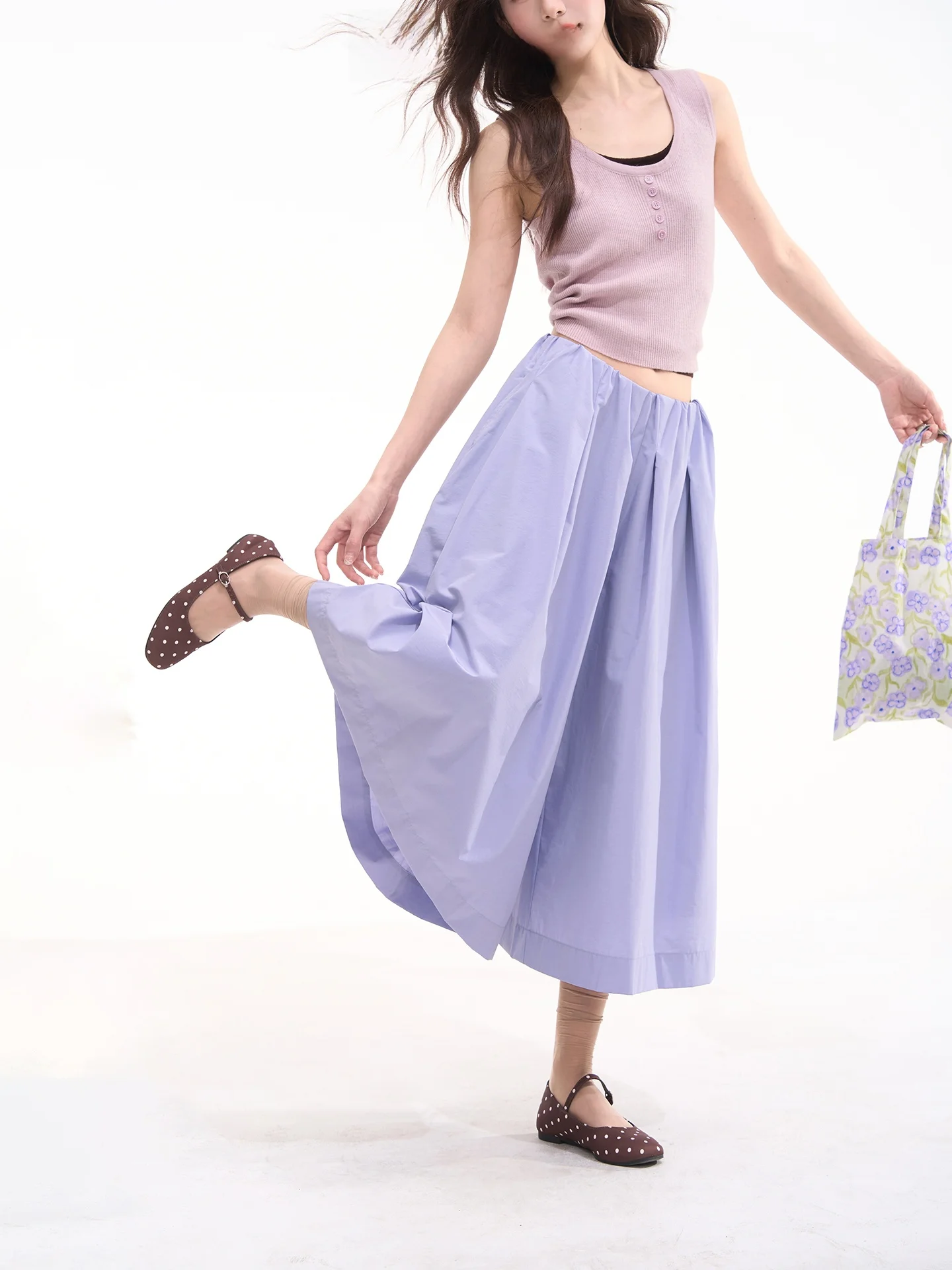  Candy Striped Elastic Waist Pleated Wide Leg Pants Skirt Casual Summer Trousers for Women Cotton Polyester Blend