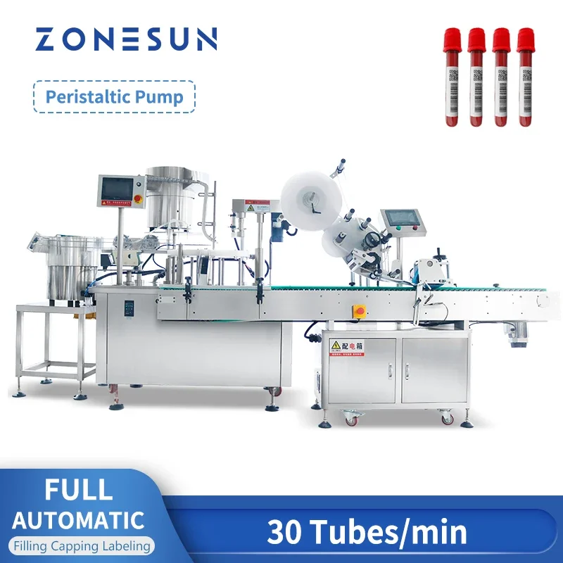 ZONESUN Full automatic Peristaltic Pump Tube Liquid Filling Capping Labeling Machine with Conveyor Packaging Line ZS-FAL180Z3