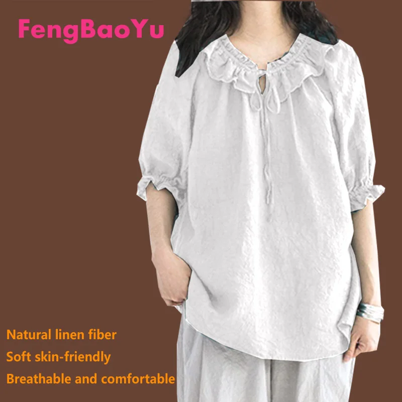 

Fengbaoyu Flax Summer Lady Lotus Leaf Collar Middle Sleeve T-shirt Casual Moisture Absorption Air Permeability Women Clothing