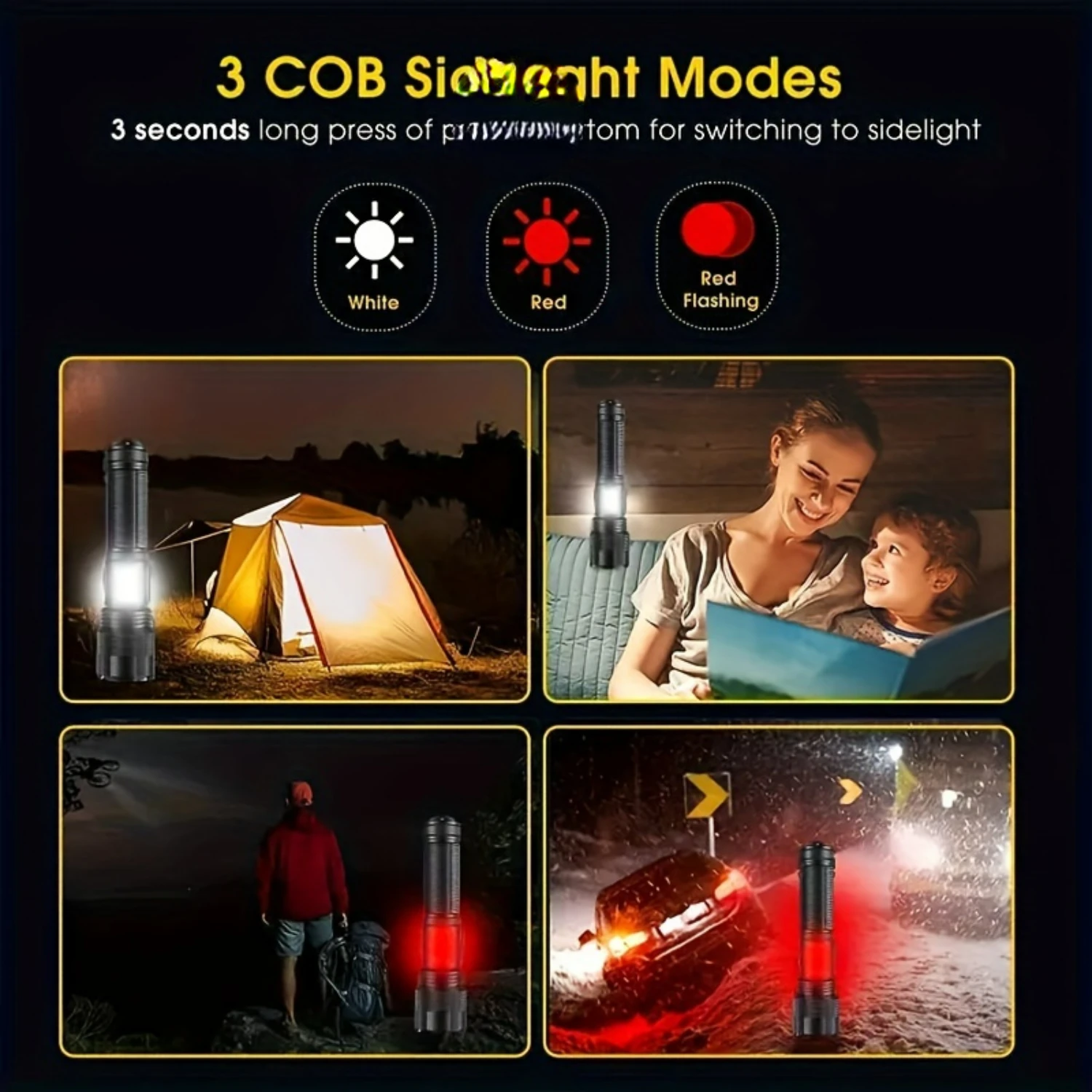 Ideal Choice for Outdoor Activities - Rechargeable High Brightness Portable 7-mode LED Flashlight with Variable Beam COB Work Li