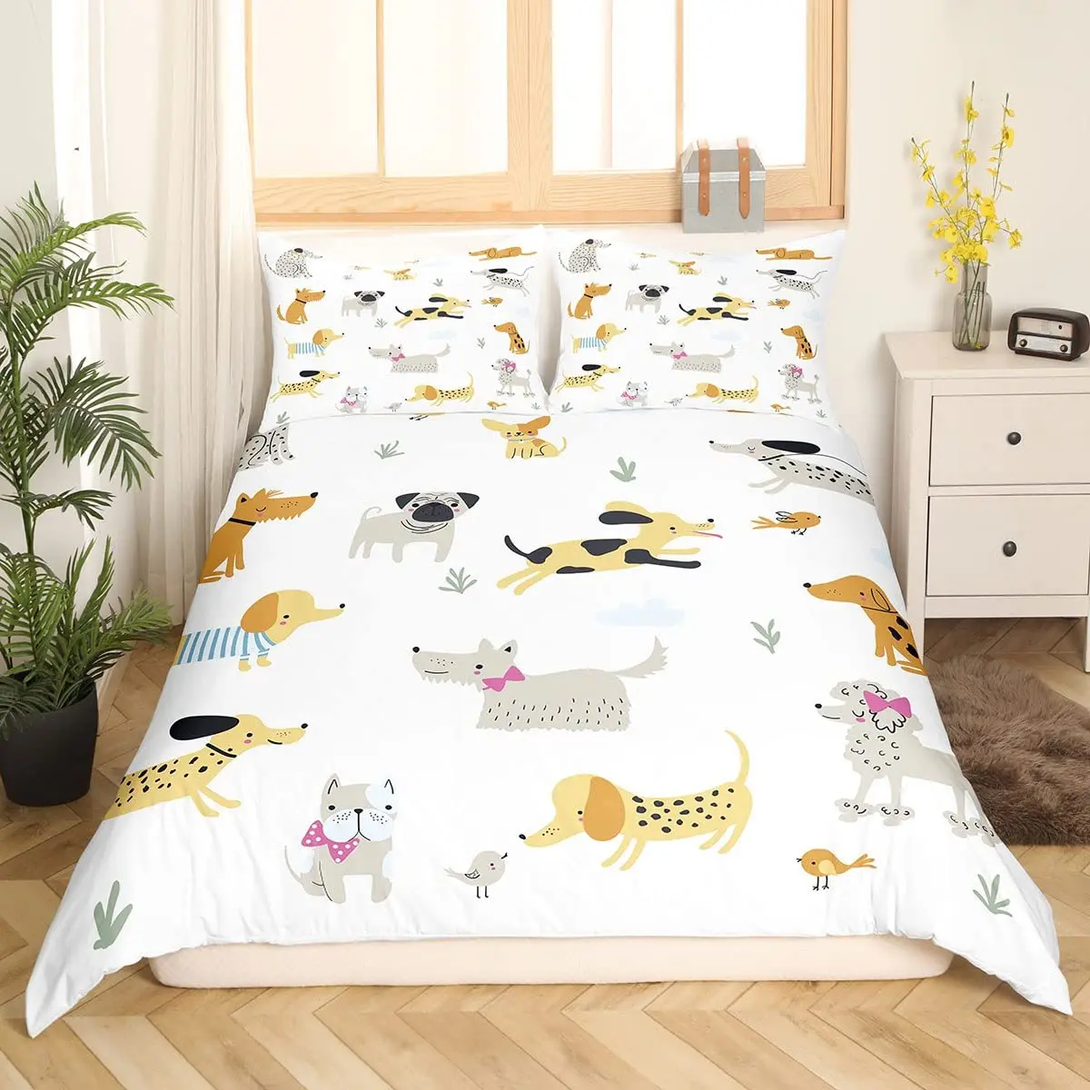 Cartoon Dachshund Bedding Set Sausage Dog Duvet Cover for Boys Children Teens Cute Puppy Dog Comforter Cover with 2 Pillow Case