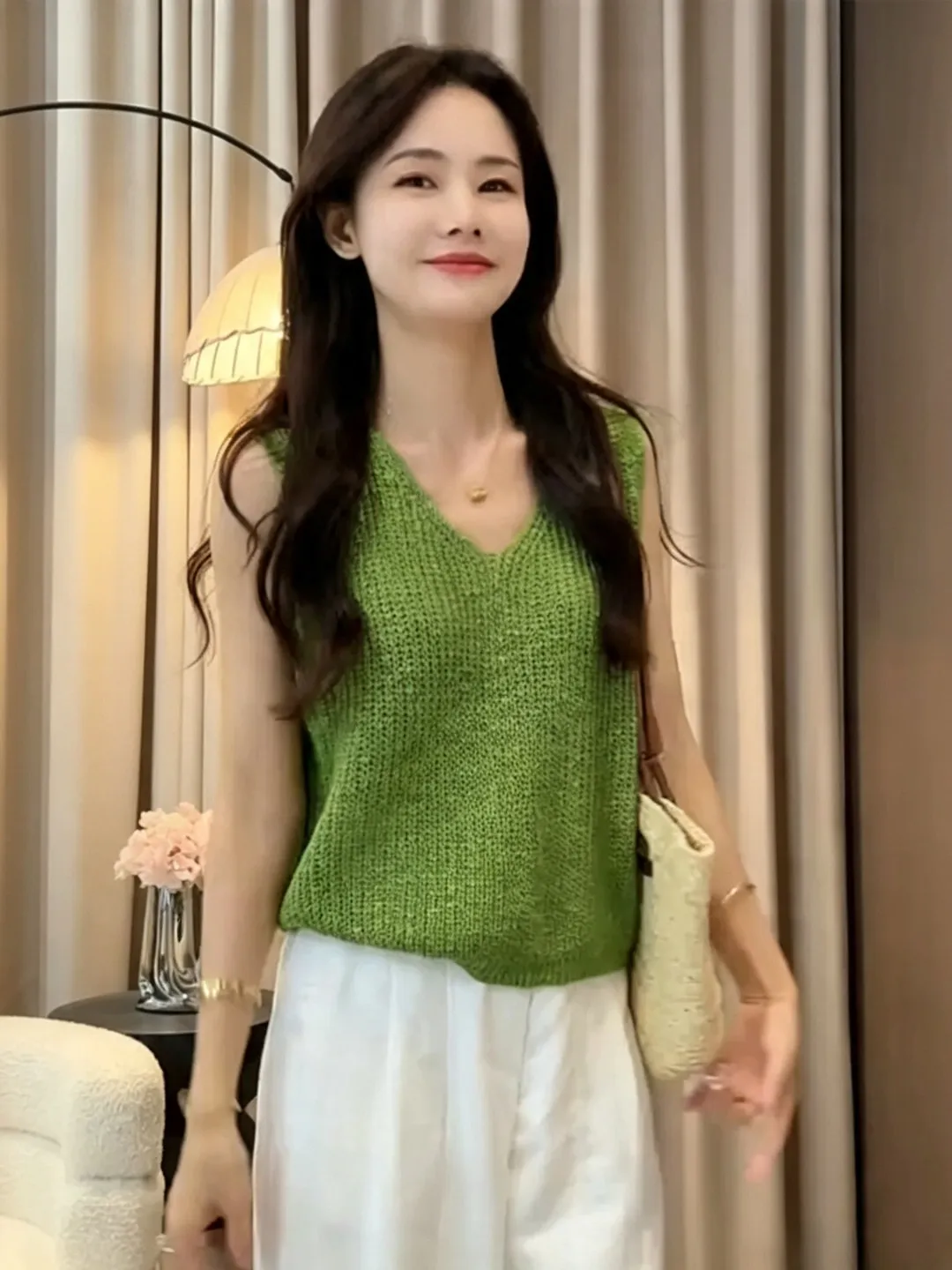 Summer Lazy Relaxing V-Neck Green Knitted Vest Women's Unique Casual Sleeveless Top Elastic Fit Long Style Citywalk Suitable
