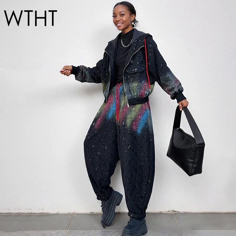 WTHT, nueva moda, chaqueta holgada con capucha con diseño a cuadros y grafiti degradado para mujer, Pantalones rectos con cintura elástica para mujer, invierno 2025 1LS2626