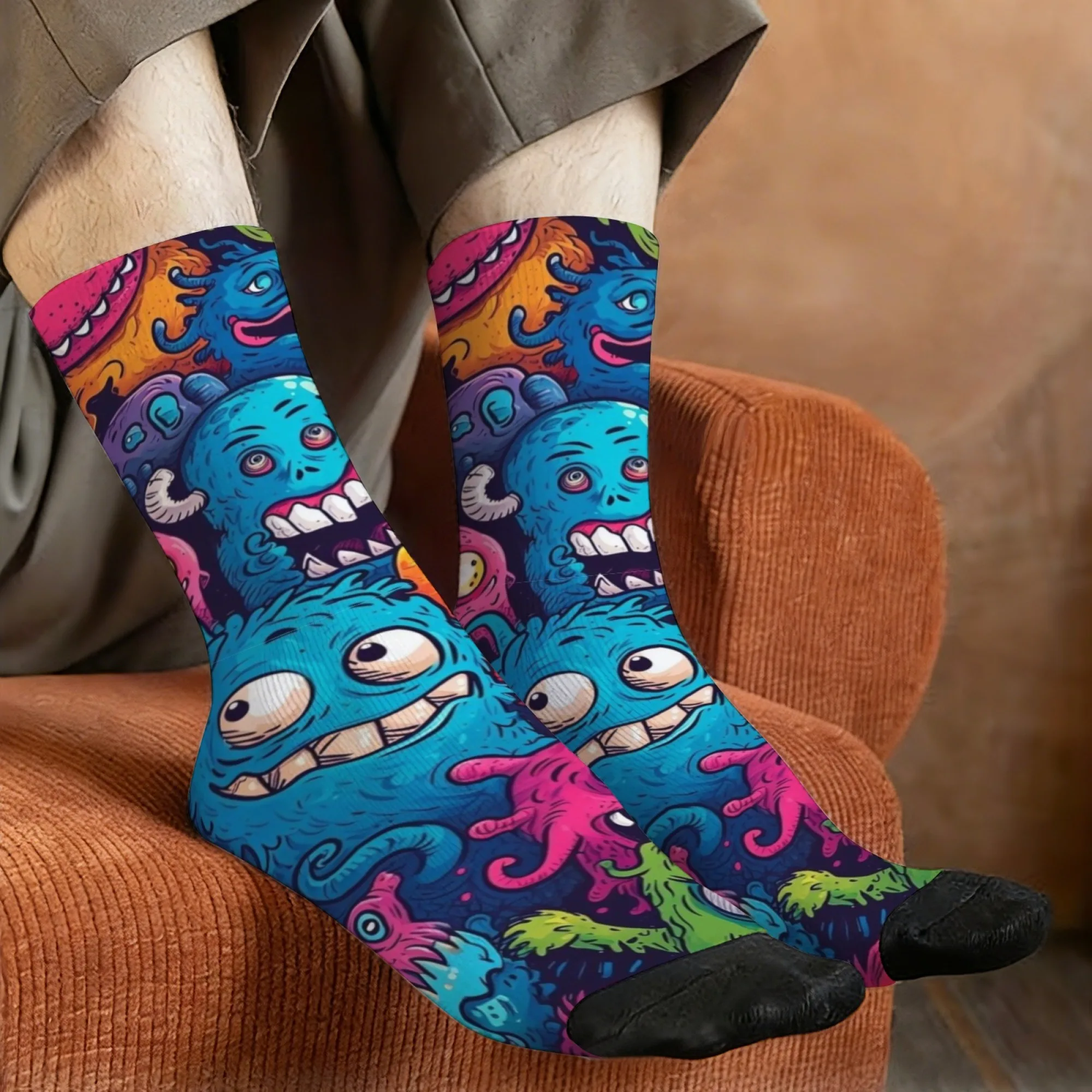 Graffiti-style Monster-themed Men's Socks Retro Fashion Funny Harajuku-style Cartoon Socks Comfortable Breathable Non-slip Socks