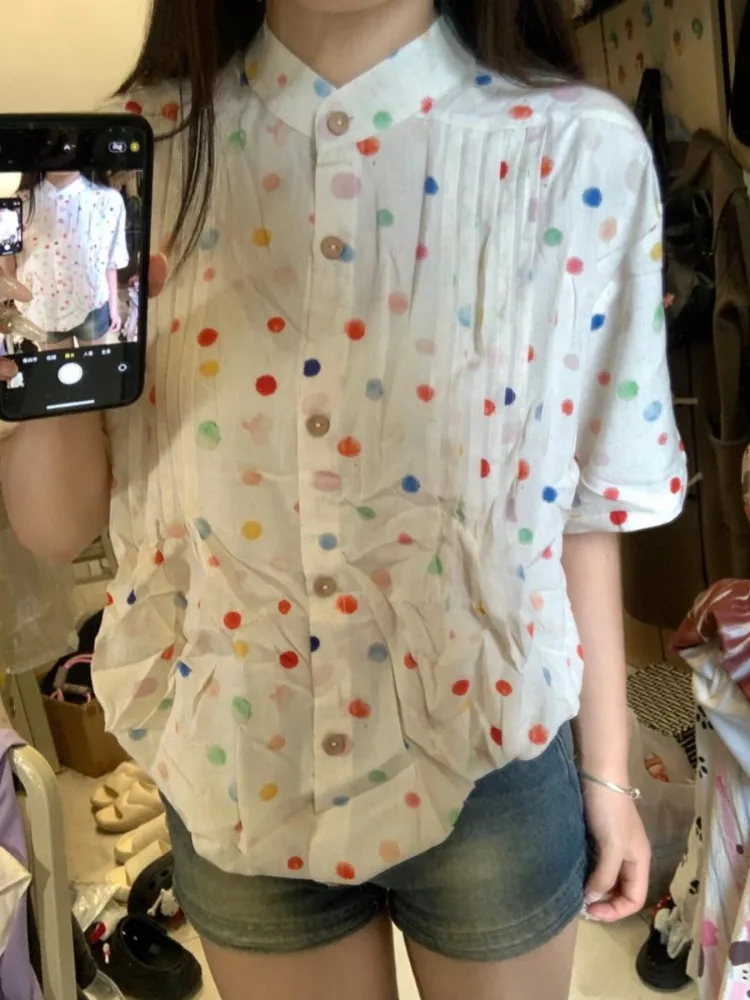 Japanese 2024 Colored Dot Loose Women Blouse Vintage Single Breasted Y2k Aesthetic Shirt Harajuku Grunge Turn Down Collar Blusas