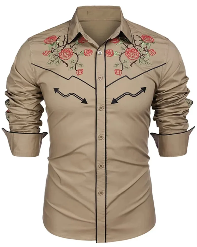 2023 New Men\'s Shirt Western Shirt Floral Print Lapel Street Long Sleeve Button Clothing Fashion Street Designer Western Style