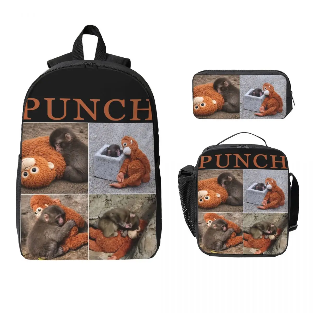 3Pcs Punch Monkey merch Backpack Set for Children Pencil Boxes Bookbag Sets with Lunch Box For School Students Daypack