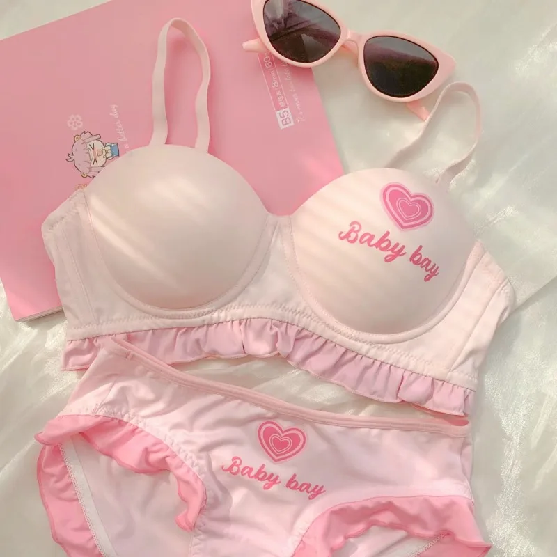 

Lolita Inspired Lingerie Set For Small Chest, Wireless Push Up Bralette To Enhance Curves, Sweet Style Bra & Tushy Panty