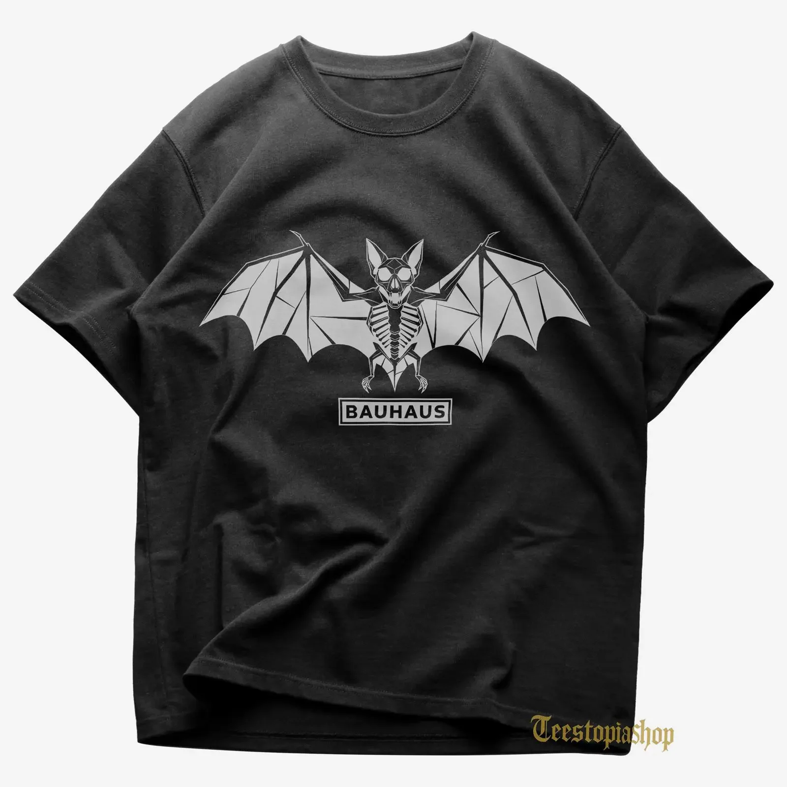 Bauhaus Geometric Skeleton Bat Print T Shirt Post Punk Goth Rock Band Merch Casual Apparel vintage Washed Soft Stretched