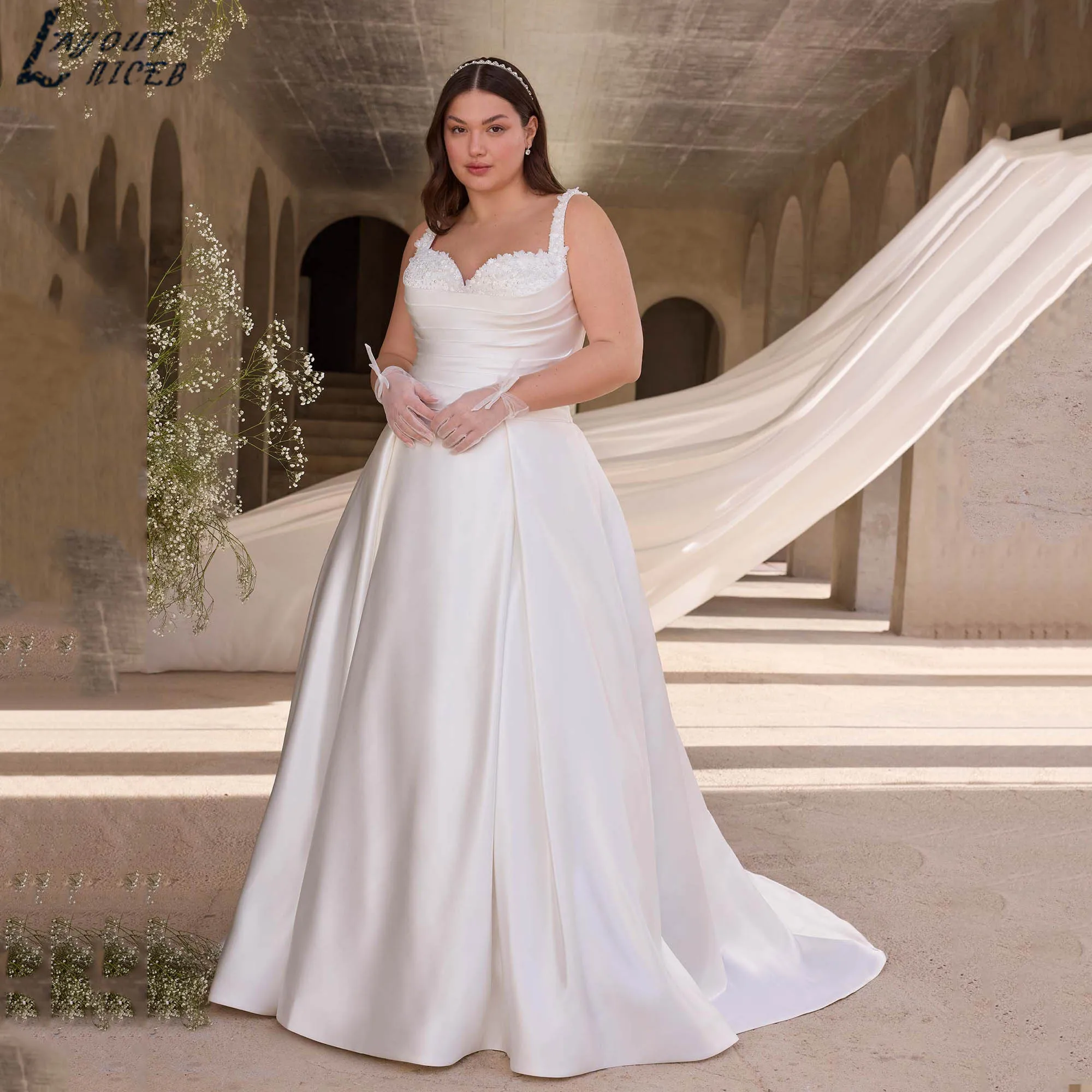 

Satin Wedding Dress Simple Pearls Sweetheart Classic Bride Gowns A-line Wide Straps Modern robe de mariée Plus Size Customized