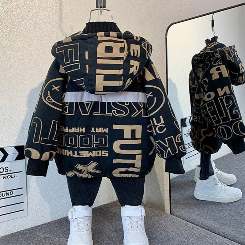 Boys Coat Jacket Overcoat Cotton 2023 Casual Warm Thicken Velvet Winter Sports Teenager School Kids Children's Clothing