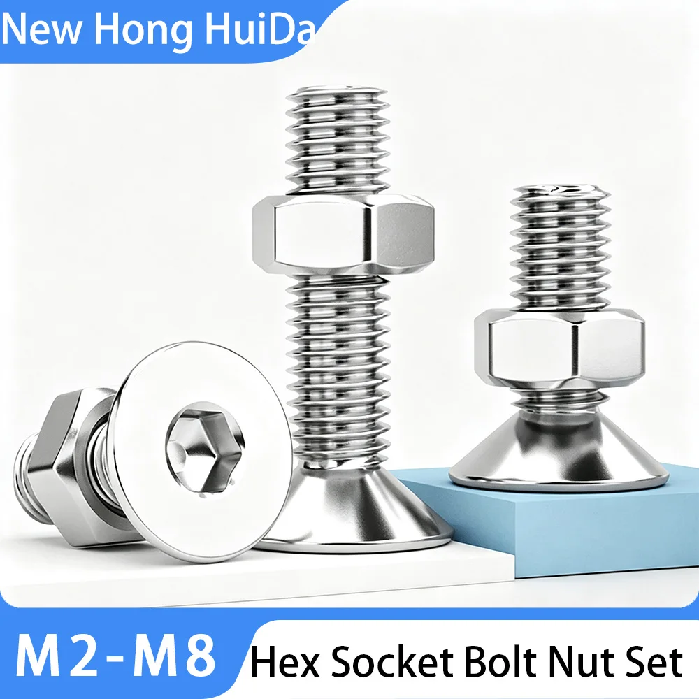 Flat Allen Hex Hexagonal Bolt and Nut Set Stainless Steel Metric Threaded Machine Screws Nut kit DIY projects and Repairs