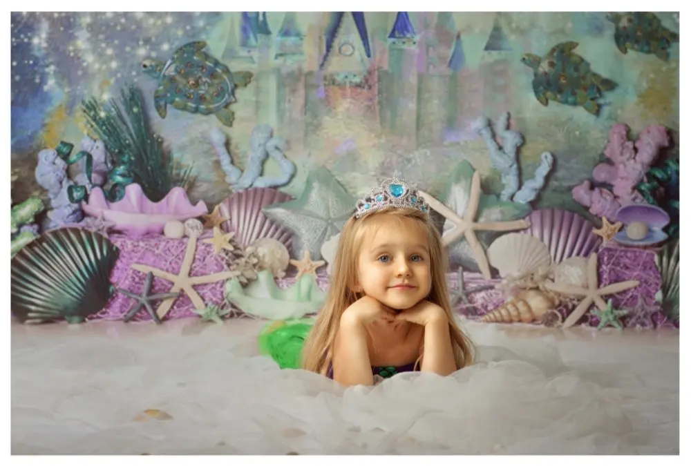 Mermaid Princess Photocall Photography Background Girl 1st Birthday Decor Glitters Mermaid Tail Balloon Backdrop Photo Studio