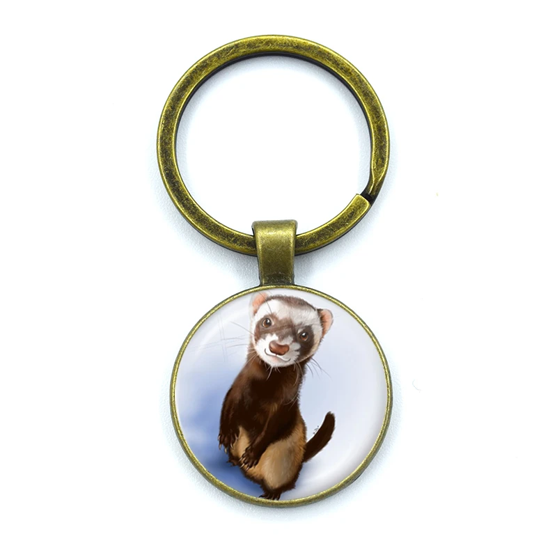 Cute Ferret Keychains Handmade Glass Cabochon Alloys Key Rings Pendants Trinkets Cartoon Design Creative Fashion