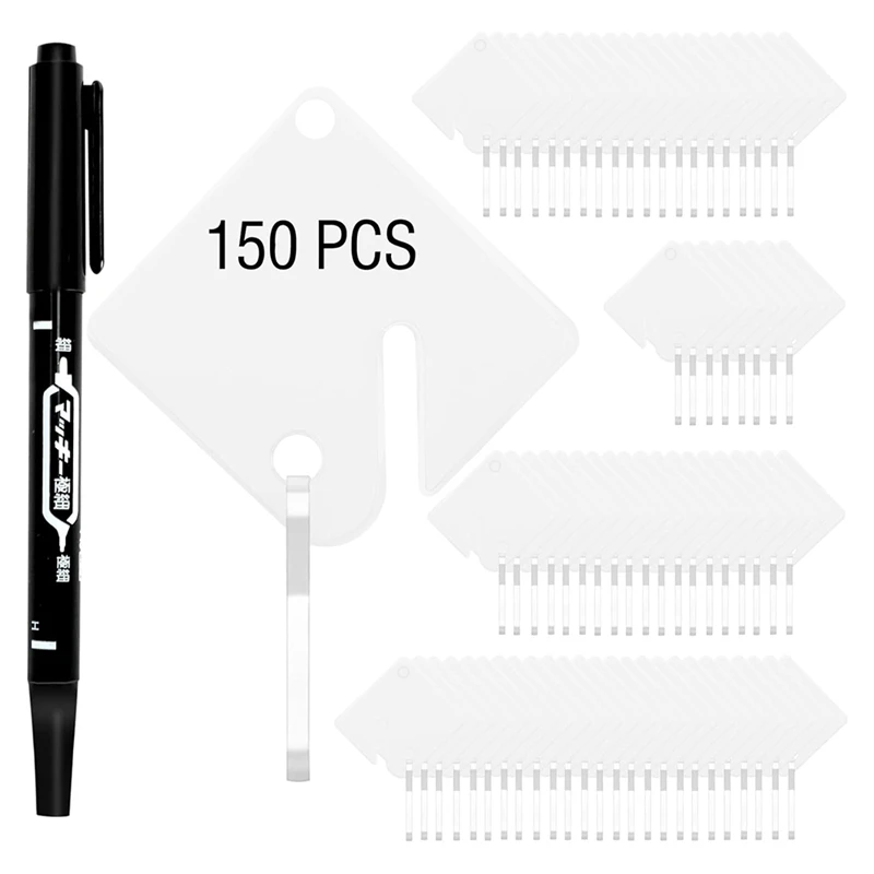 150 قطعة من علامات المفاتيح الرف علامات معلقة بلاستيكية مربعة بيضاء مع علامات سوداء واحدة، خطافات معدنية لخزائن المفاتيح المشقوقة #1