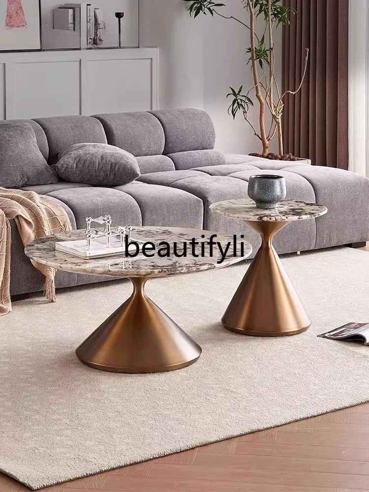 Italian natural luxury stone coffee table light luxury round marble surface stainless steel small round table