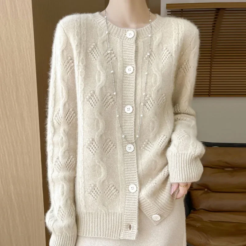 Autumn Winter Sweater Cardigan Women Merino Wool Thickening Round Neck Pullover Loose Casual Cashmere Knitwear Long Sleeve Tops