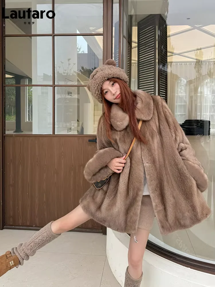Lautaro Herbst Winter Dicker Warmer Brauner Kunstpelz-Mantel für Damen mit Umlegekragen, Weicher Luxuriöser Eleganter Schicker Flauschiger Mantel