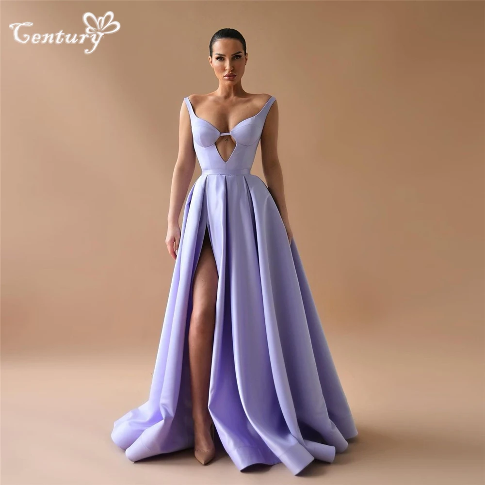 

Lavender Prom Dress Long Side Slit V Neck Backless Floor Length Satin Evening Party Gowns Robe De Soiree Customized