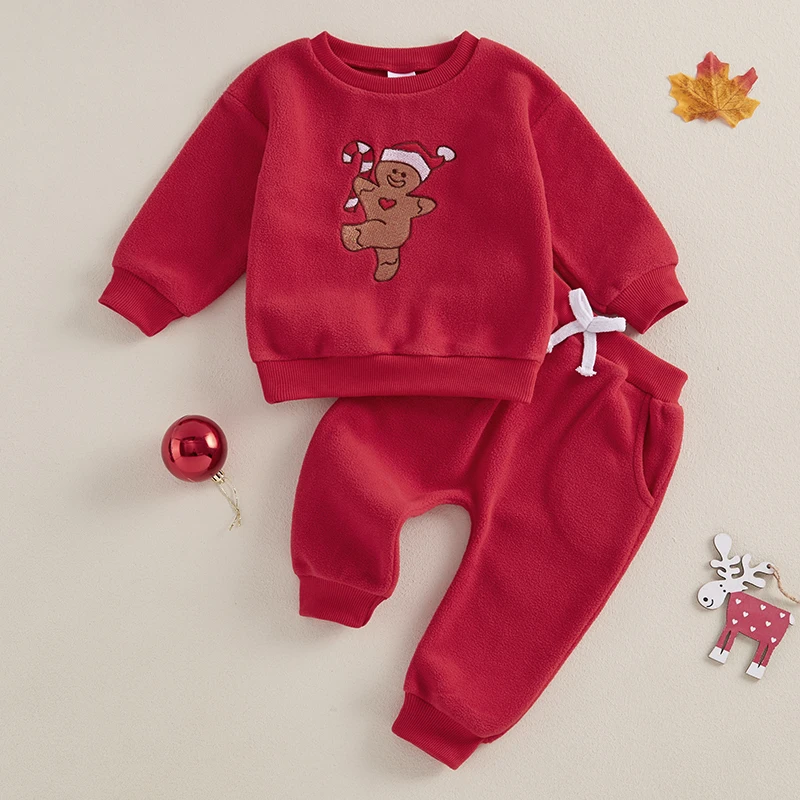 Cathery Baby 2Pcs Christmas Outfits Long Sleeve Gingerbread Embroidery Tops and Pants Set Toddler Clothes conjuntos para niños