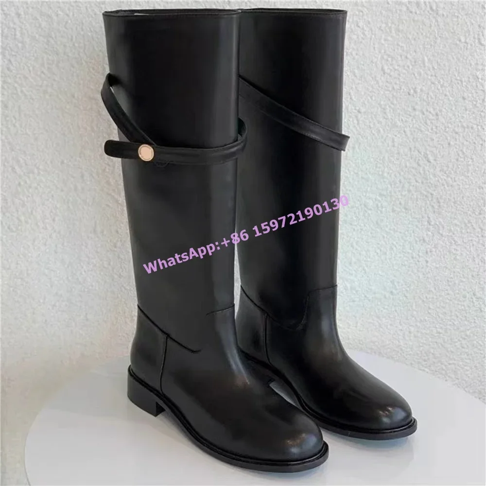 

Belt Black Long Boots Round Toe Square Heels Slip On Metal Button Flat with Knee High Boots Hotties Leisure Winter Shoes