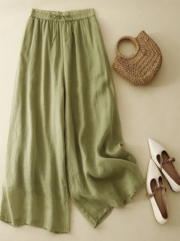 بنطلون واسع الساق بطبقتين للنساء بخصر مطاطي مريح ومتعدد الاستخدامات وفضفاض لموسم الربيع بخصر عالٍ