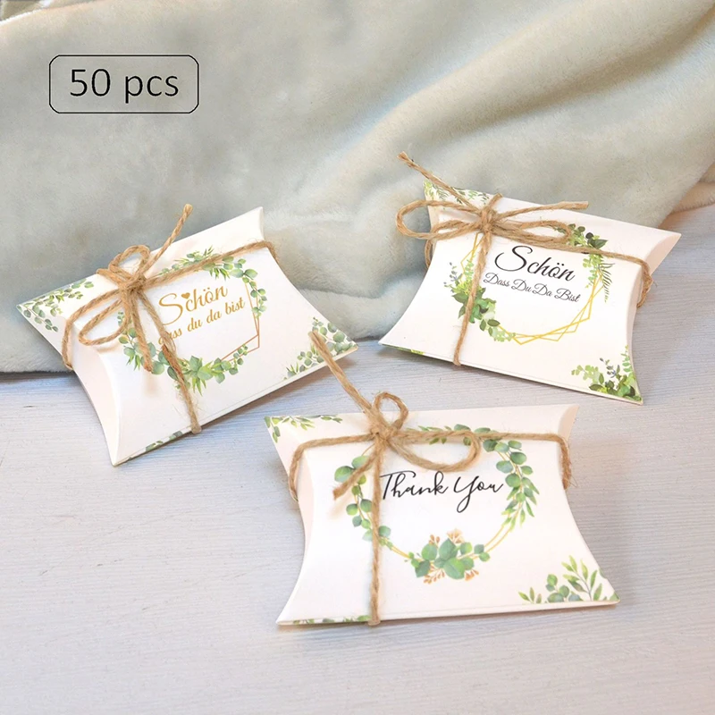 50 шт., белая подушка, бумажная коробка для конфет с веревкой, спасибо, сделай сам, свадебный подарок, упаковочная коробка, сумка для конфет, украшение для дня рождения