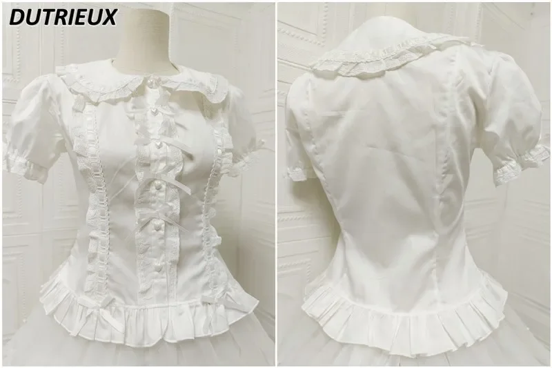 Sweet and Cute Girls Short-sleeved Versatile White Shirt Summer New Single-breasted Blouse Doll Collar Waist Slimming Tops