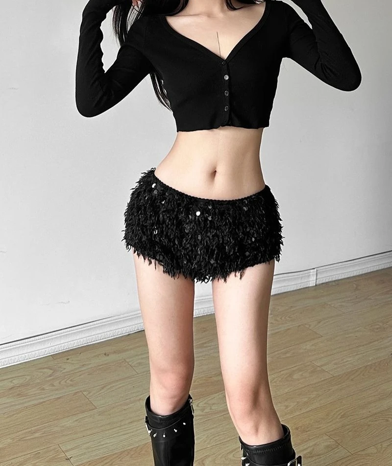 

Pure Desire Sexy Low Waist Casual Shorts for Women with Design Elements and Shiny Sequins, Fitted Ultra Short Hot Pants